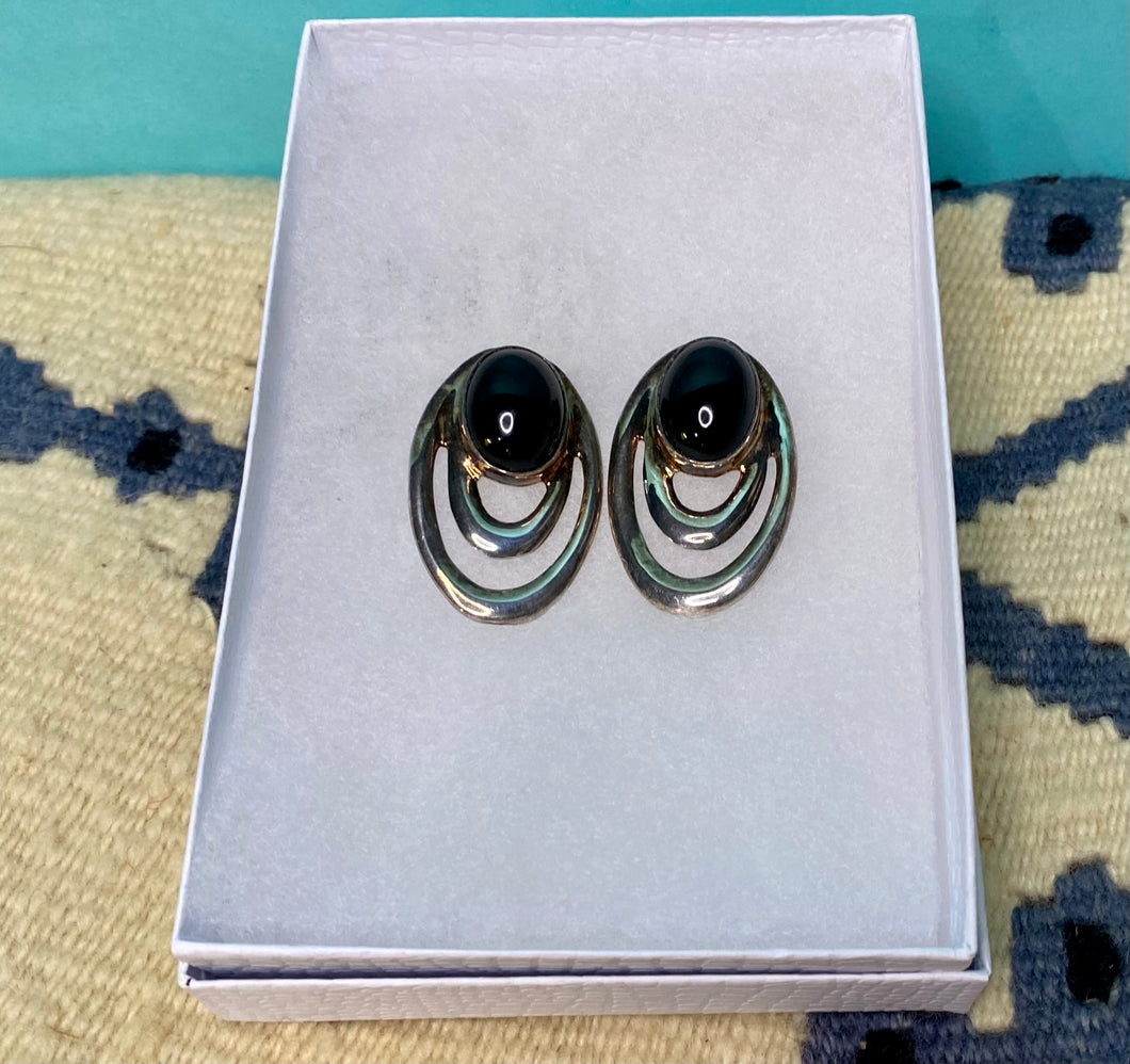 Sterling Silver Black Onyx Earrings Posts - Marked - Mexico/ Taxco