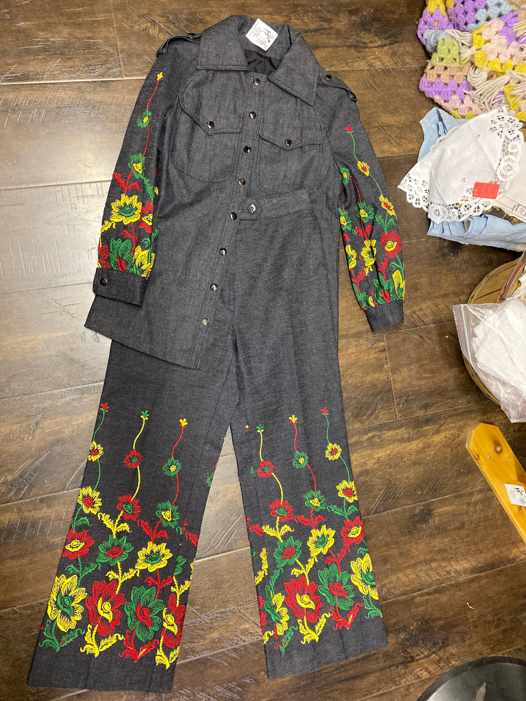 Embroidered Floral Denim Set - wide leg with snap up jacket - fits Extra Small/ Small