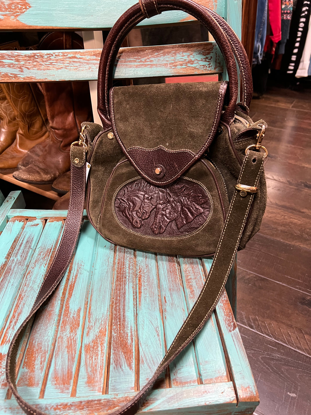 Green Suede Leather Purse With Leather Horse Detail