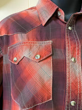 Load image into Gallery viewer, Boys Junior XL/ 14-16 Red checked pearl snap shirt.
