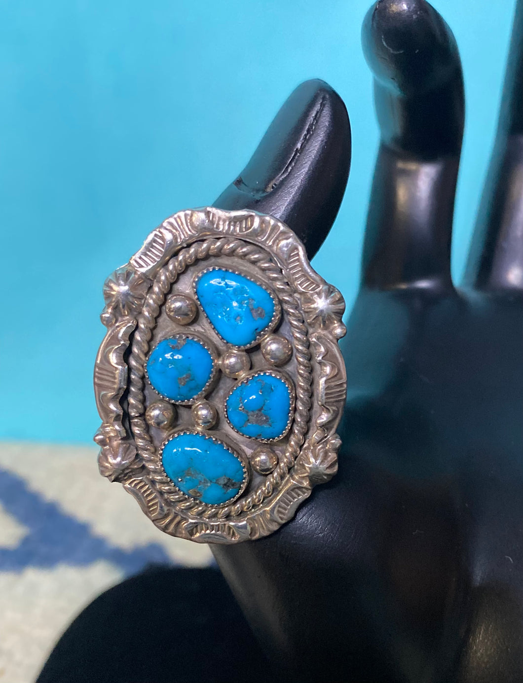 Native American Turquoise Ring, Marked, 4 stone Size 10.5