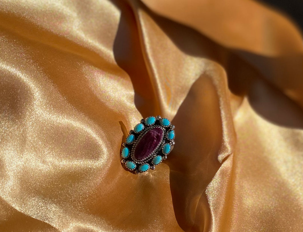 Purple Spiny Oyster Ring with Turquoise - Sterling Silver Marked