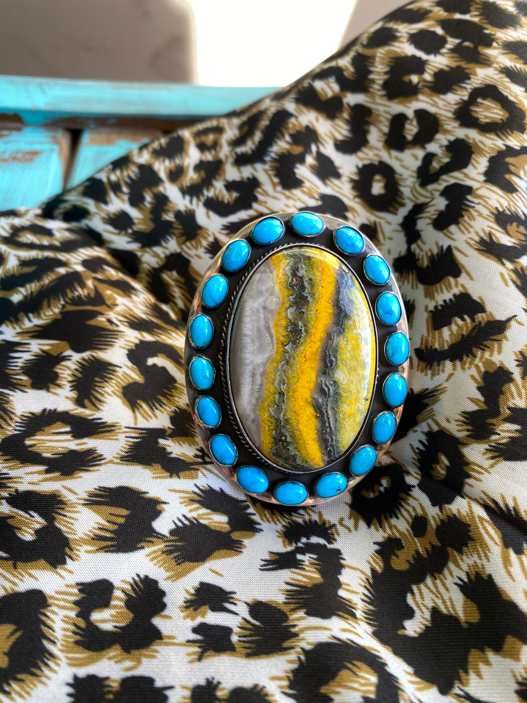 Bumble bee Jasper and Sleeping beauty turquoise Large Statement ring - size 8-8.5
