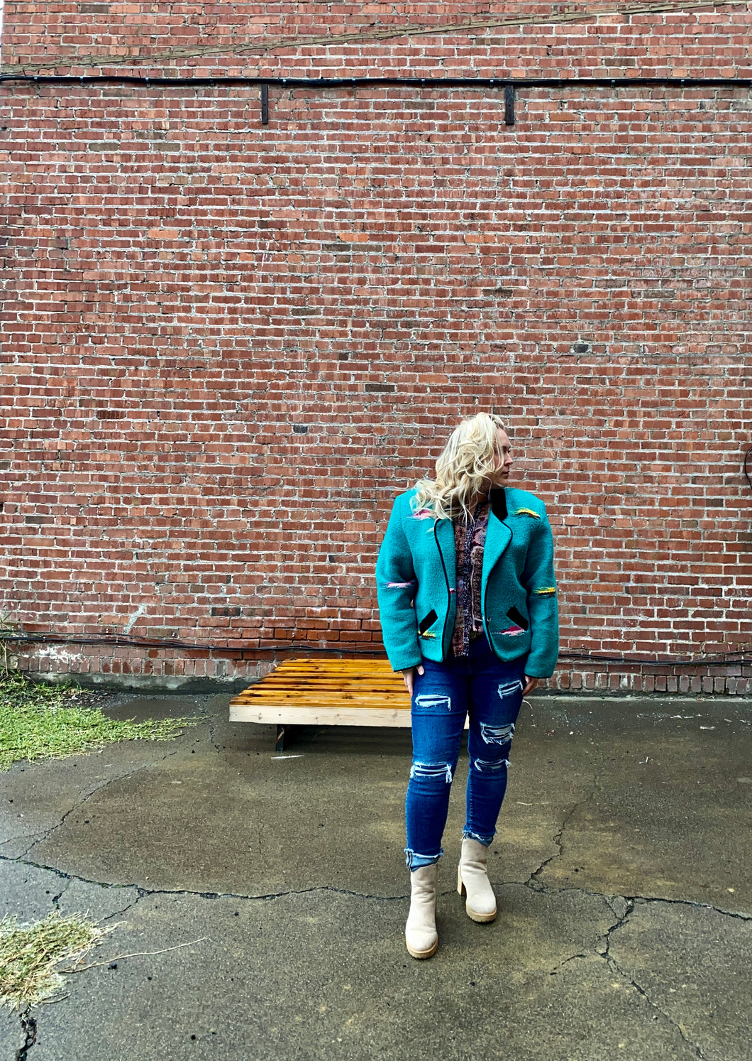 Crop Vintage wool jacket - Teal with button closure
